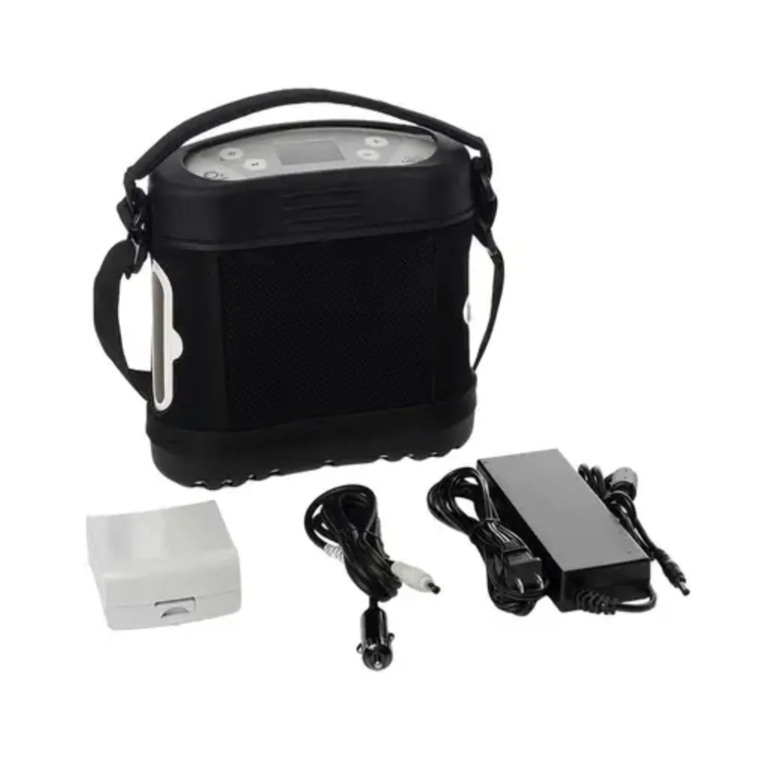Oxlife LIBERTY2 portable oxygen concentrator in black carry bag with included accessories, charger, and cables - perfect for travel and on-the-go freedom
