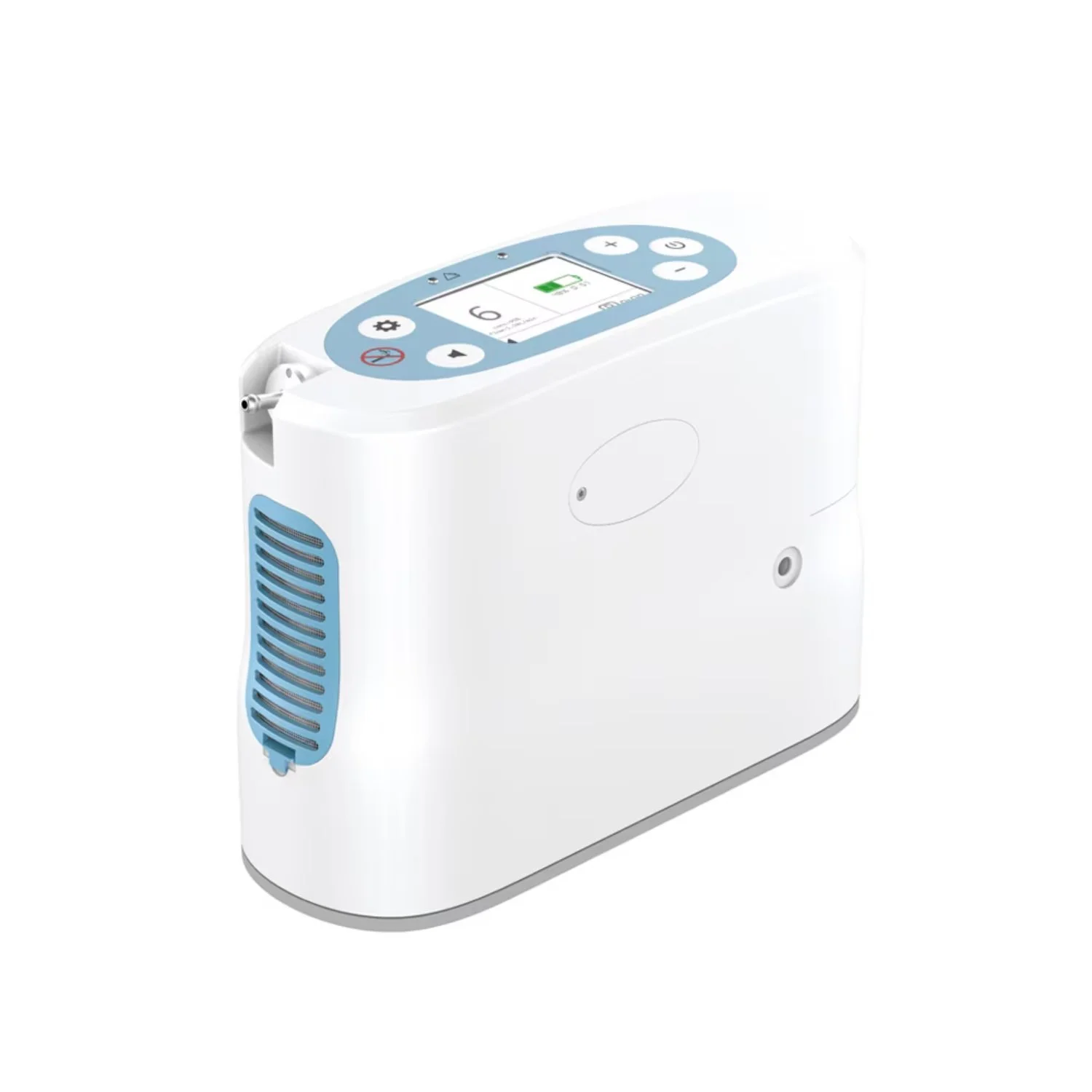 Rhythm Healthcare P2-E6 portable oxygen concentrator control panel with easy-to-read LCD display and simple buttons for 24/7 use