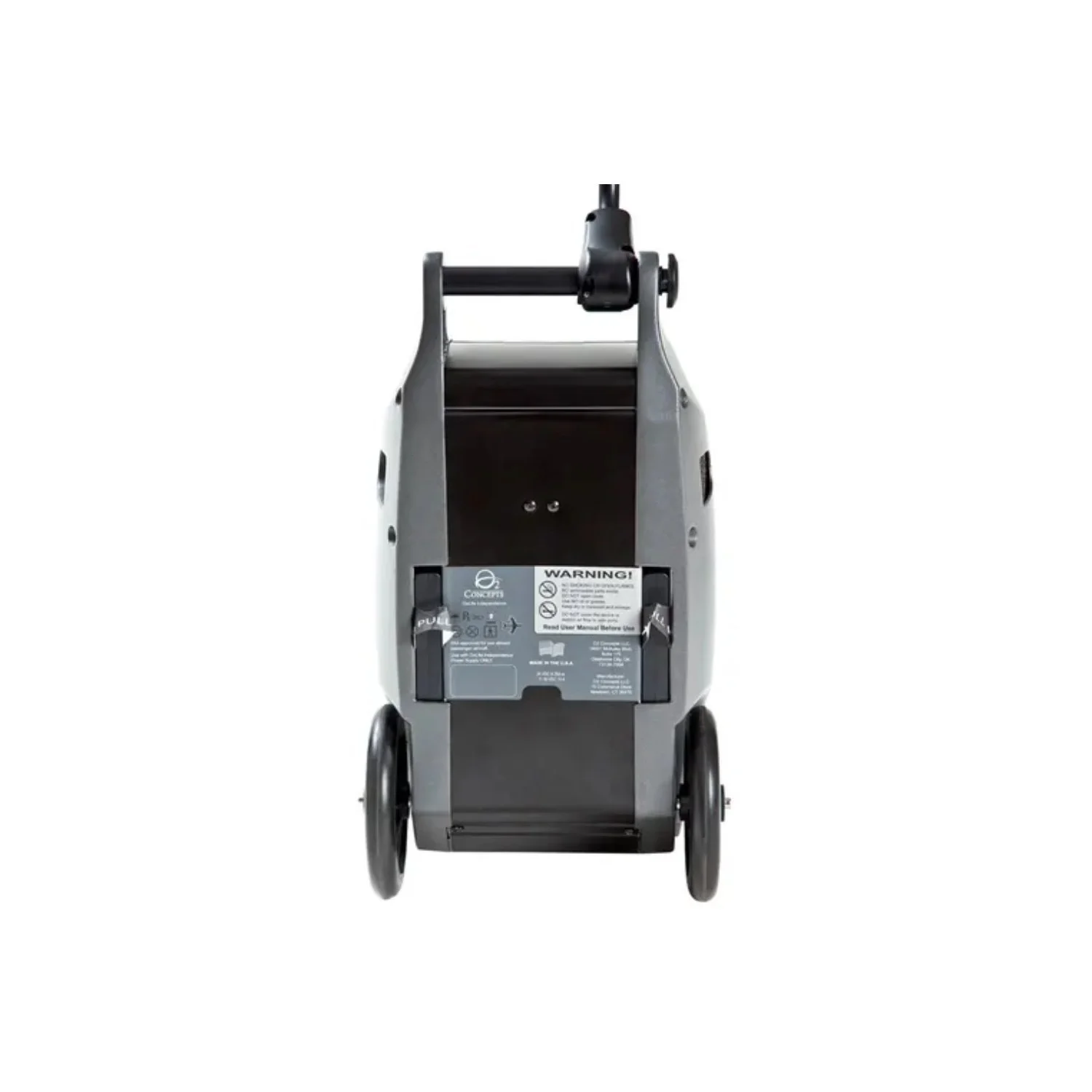 Oxlife Independence portable oxygen concentrator rear view showing back panel, battery compartment, and wheels for easy mobility and 24/7 travel use