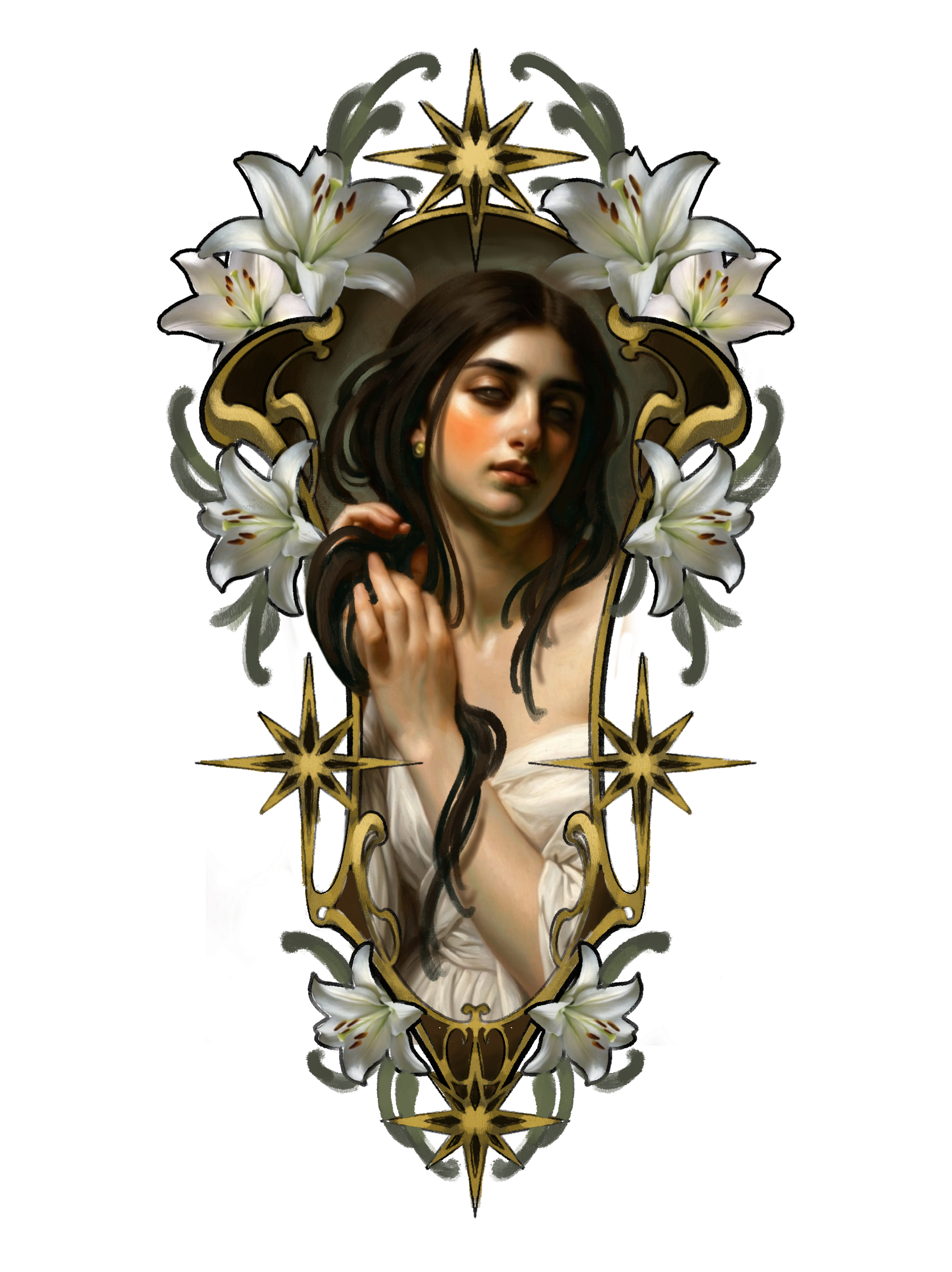 “Melancholic Dream”
An elegant and serene depiction of a dark-haired woman. Celestial symbolism woven throughout the composition, with golden stars becoming part of the Art Nouveau inspired frame. An enchanting atmosphere surrounds the subject.
Sugge