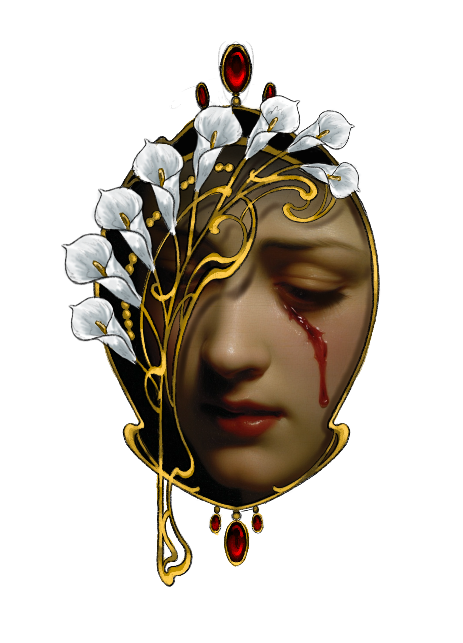 “Beautiful Sorrow”
A deep expression on the woman’s face is accentuated by a blood tear, softened by the beauty and elegance of Art Nouveau gold ornaments and white lilies.
Suggested placements: thigh, back, arm.
Other placements may work as well.