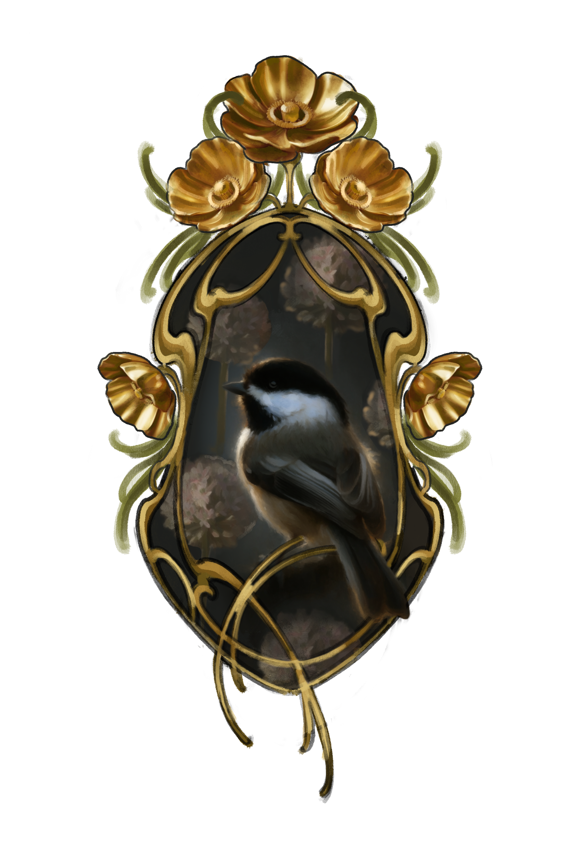 “Song Made of Gold”
A black-capped chickadee depicted in a moody scene, contrasted by golden poppies that form an Art Nouveau inspired frame. This piece takes a melancholic approach to the quit beauty of nature.
Suggested placements: leg, arm, back.
