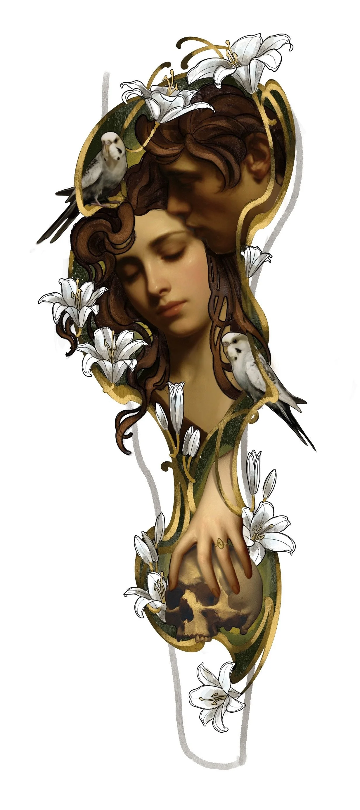 “Garden’s Embrace”
A scene depicting the soft, loving embrace of a couple, mirrored by the birds throughout the composition. The skull creates contrast between love and the cycle of beginnings and endings. Inspired by the Garden of Eden, with flowing