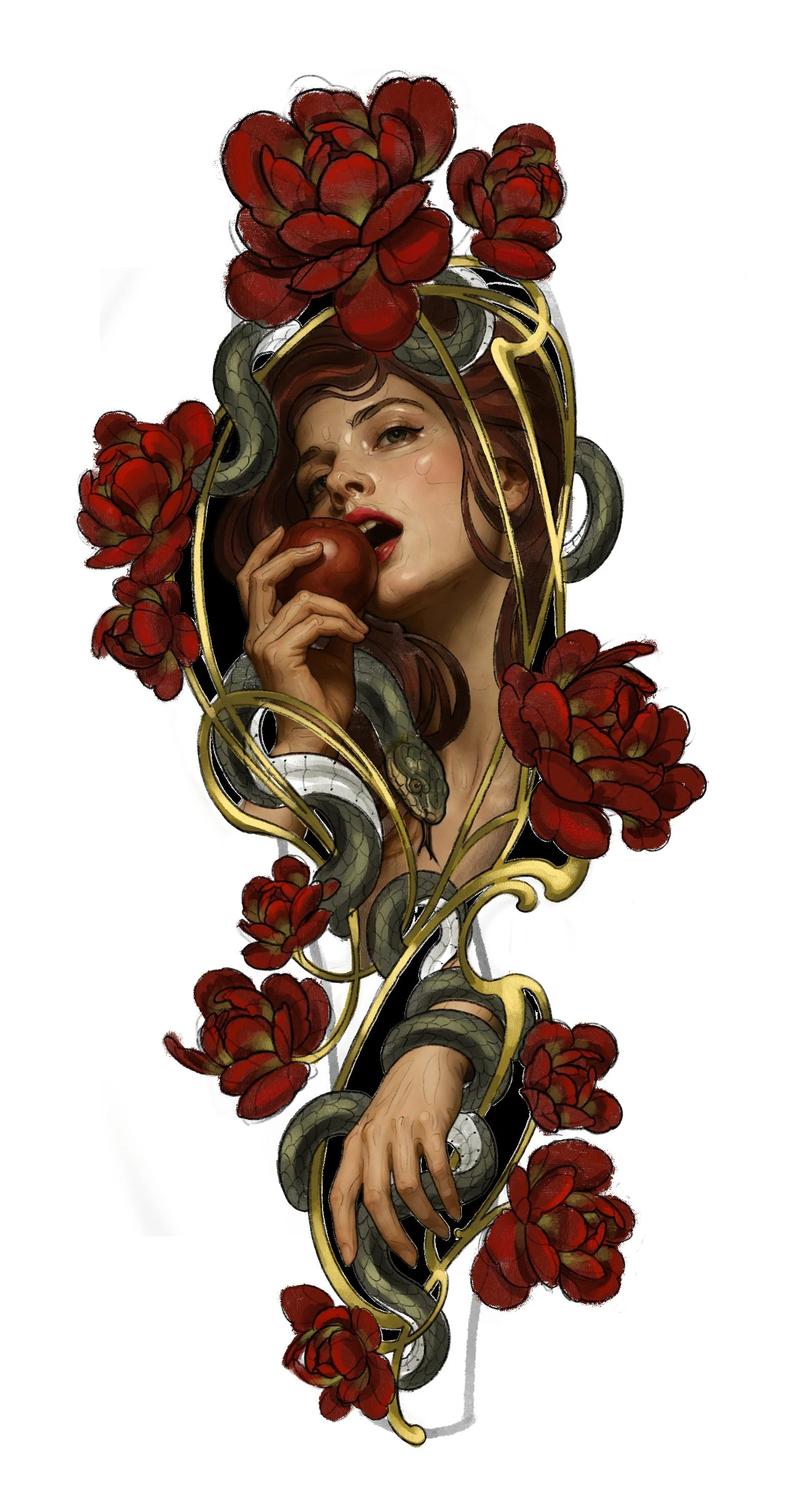 “Beauty of Temptation”
Based on Eve from the Garden of Eden, this composition depicts the moment she bites into the apple as she is tempted by the serpent. Rich reds are woven throughout the piece symbolizing both danger and attraction, while flowing