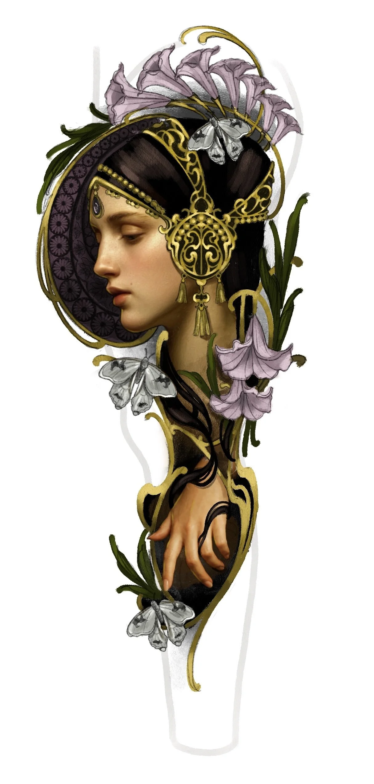 “Golden Night Crown” 

A portrait of a woman highlighting an Art Nouveau- inspired crown. A moody atmosphere combined with natural elements contrasts warm gold accents with flowing lines, bringing movement and elegance to the composition. 

Suggested