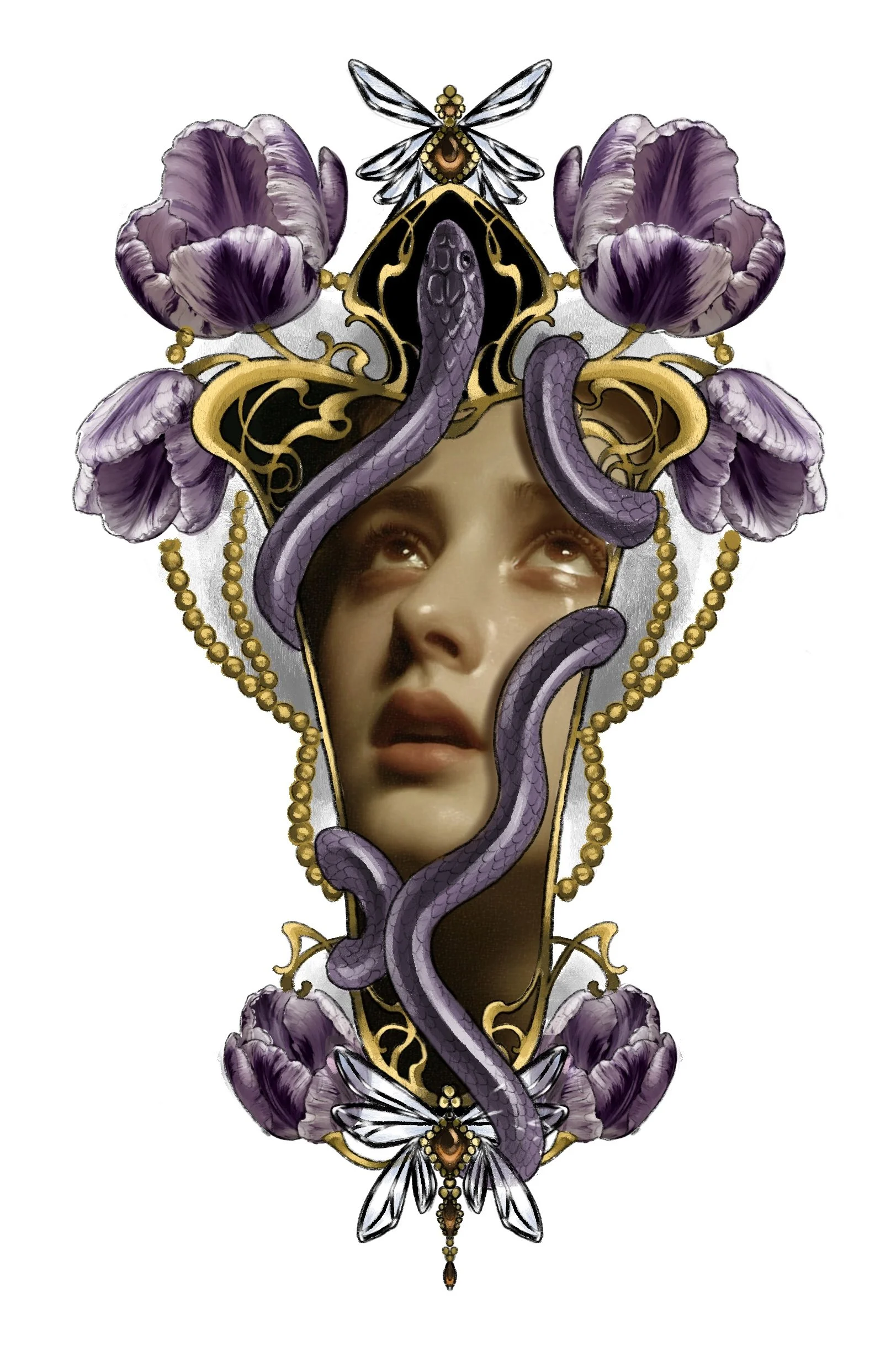 “Violet Serpent” 
A scene of despair and beauty. A woman is contained within Art Nouveau inspired ornaments, restrained by a violet serpent that becomes part of the frame itself. Jeweled dragonflies and tulips complete the composition. 
Suggested pla