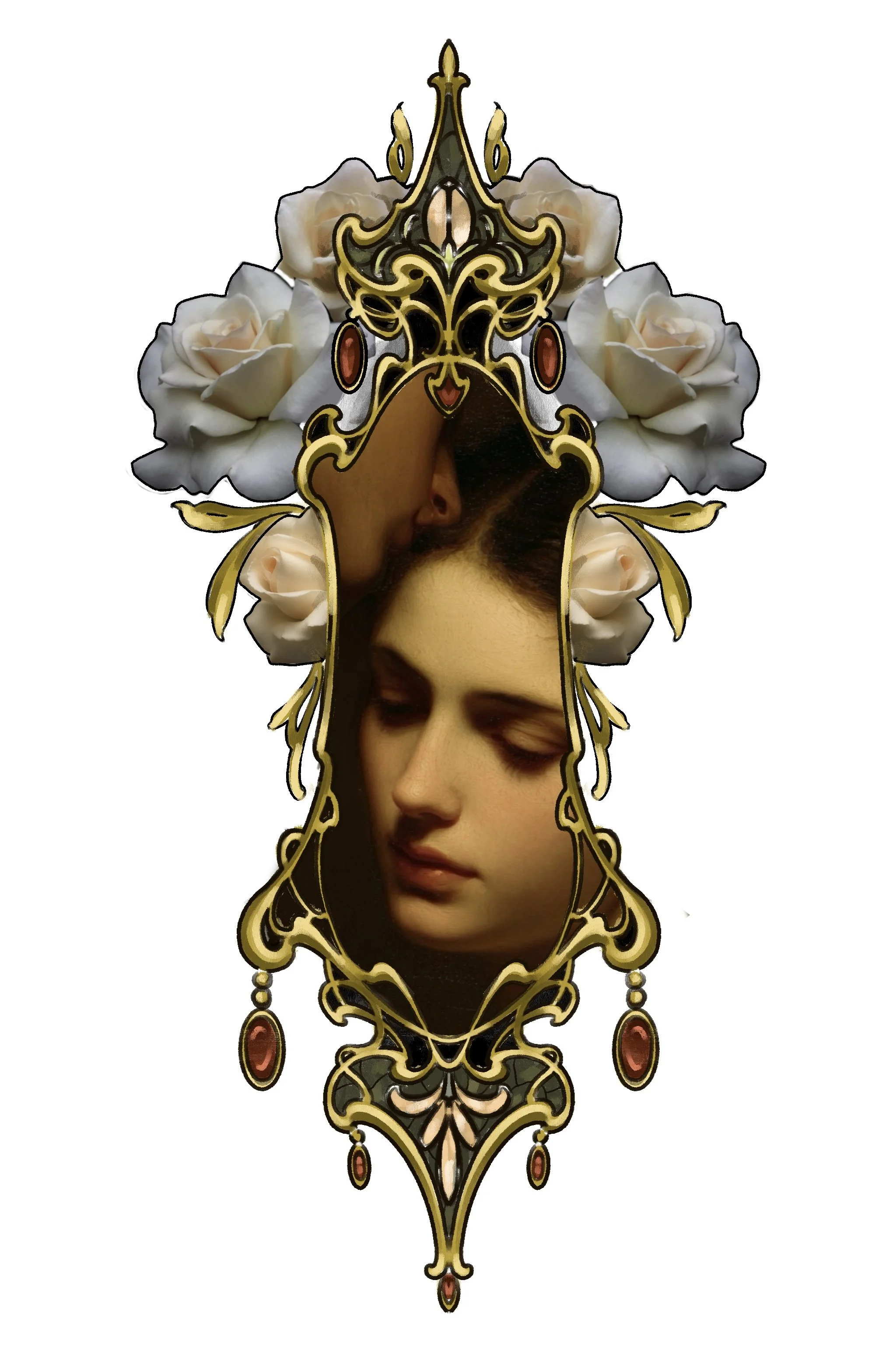 “Her Innocence”
A scene highlighting the contrast between softness, innocence, and the deep, quiet desire for companionship. The scene is surrounded by roses and stained glass. Framed by a symmetrical Art Nouveau inspired golden frame.
Suggested plac