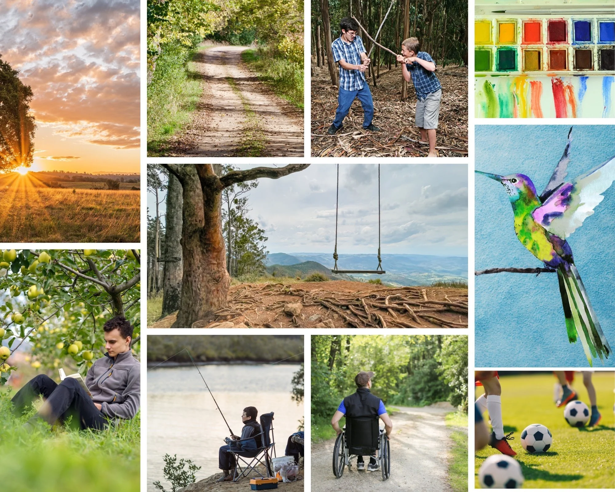 A collage of outdoor activities including a sunrise over a field, a dirt trail through trees, children playing with sticks, watercolor paints, a hummingbird, a boy reading under a tree, a tree swing overlooking mountains, a boy fishing by a river, a person in a wheelchair on a path, soccer players with balls, and a person fishing by a lake.