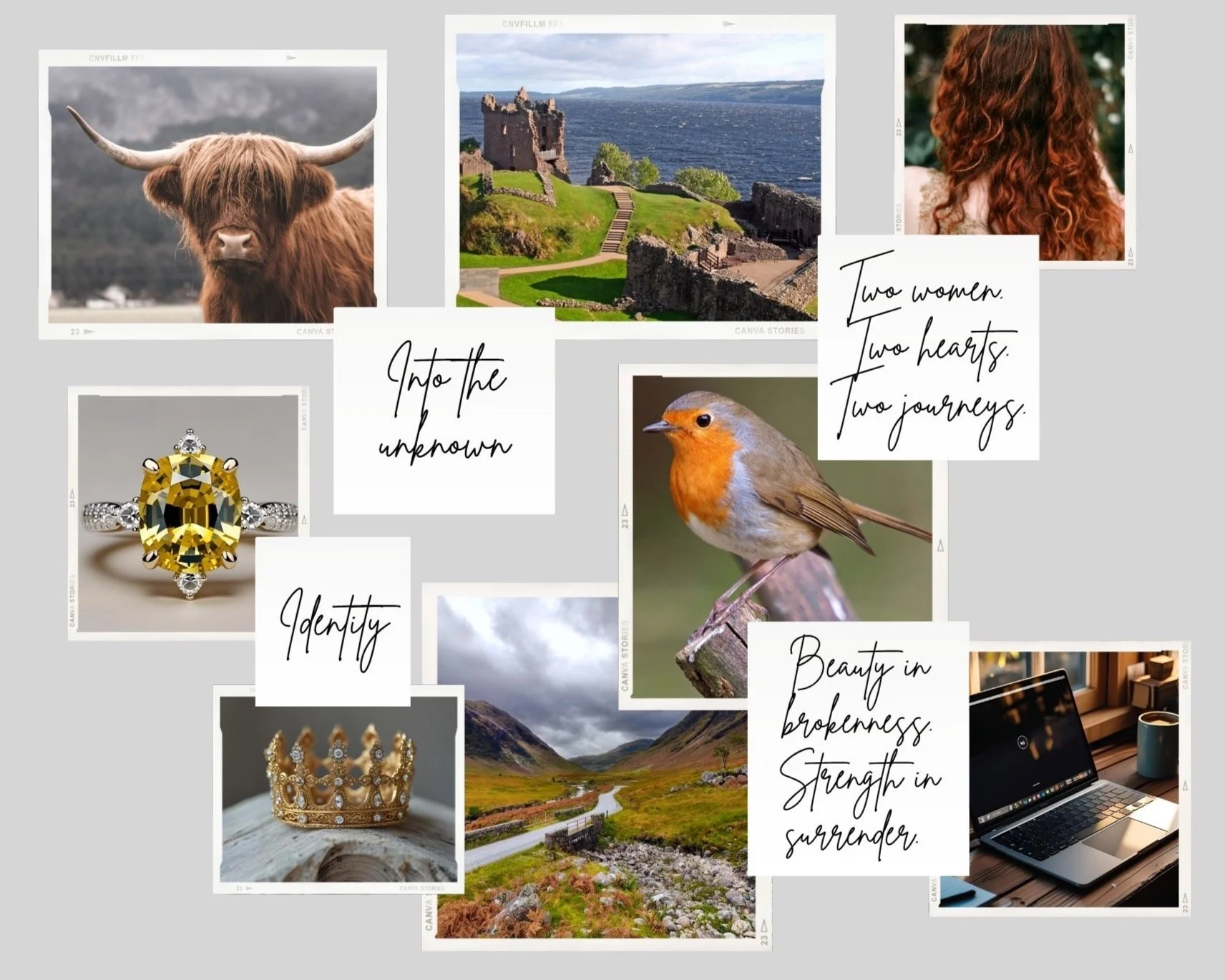 Collage of various images including a Highland cow, a castle overlooking a body of water, a woman with red curly hair, a robin, a yellow gemstone ring, a landscape of mountains and a river, a laptop, and two engraved text blocks with motivational reading about identity, unknown, two women, two hearts, two journeys, beauty, strength, and surrender