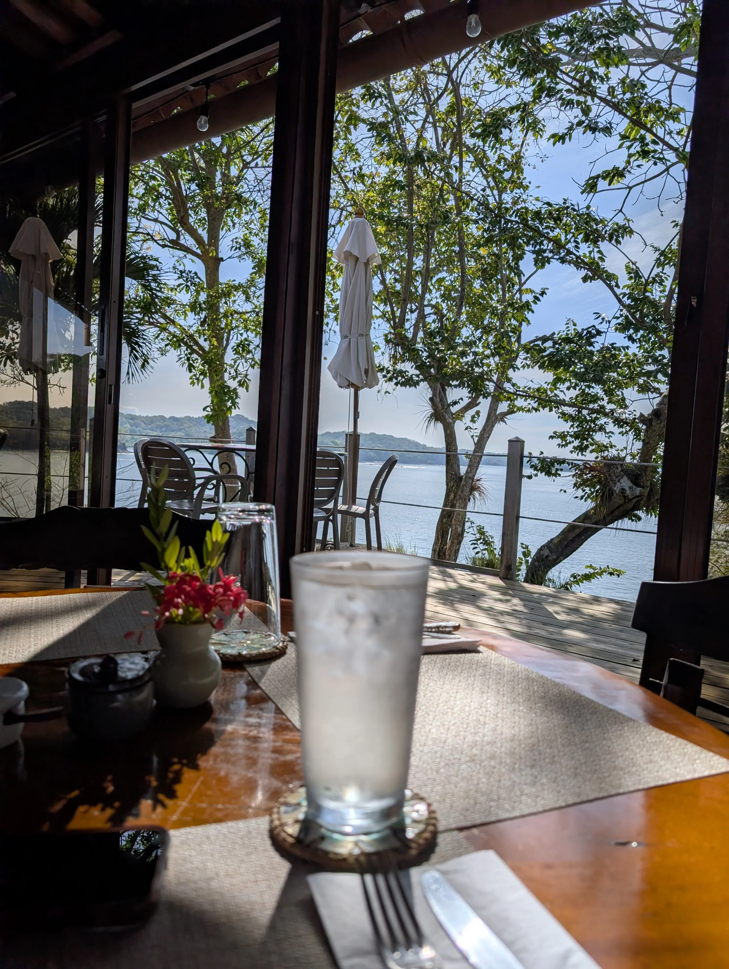 Glass of ice water on a table looking out the window at the trees and ocean on a therapist retreat