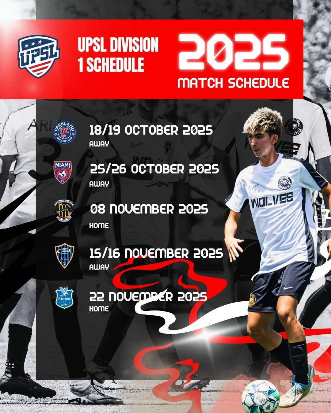 2025 UPSL Division 1 soccer match schedule, including dates and opponents for games in October and November, with team logos and a young player in a white and black uniform.