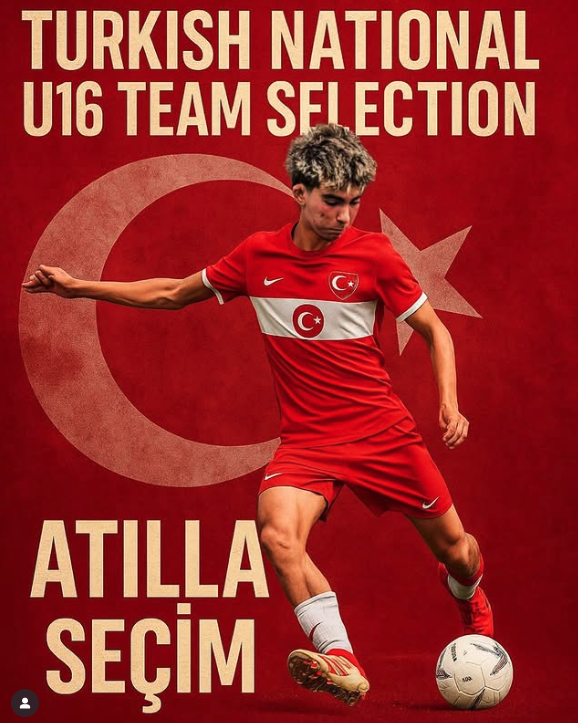 A young male soccer player in a red Turkish national team jersey kicking a soccer ball, with a background featuring the Turkish flag. Text reads 'Turkish National U16 Team Selection' and 'Atila Seçim'.