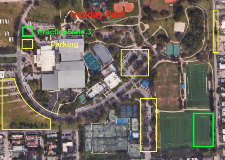 An aerial view of a park with labeled areas including Holiday Park in red at the top, Practice Field 3 in green on the left, and multiple parking zones outlined in yellow. There are sports fields, courts, and pathways visible throughout the park.