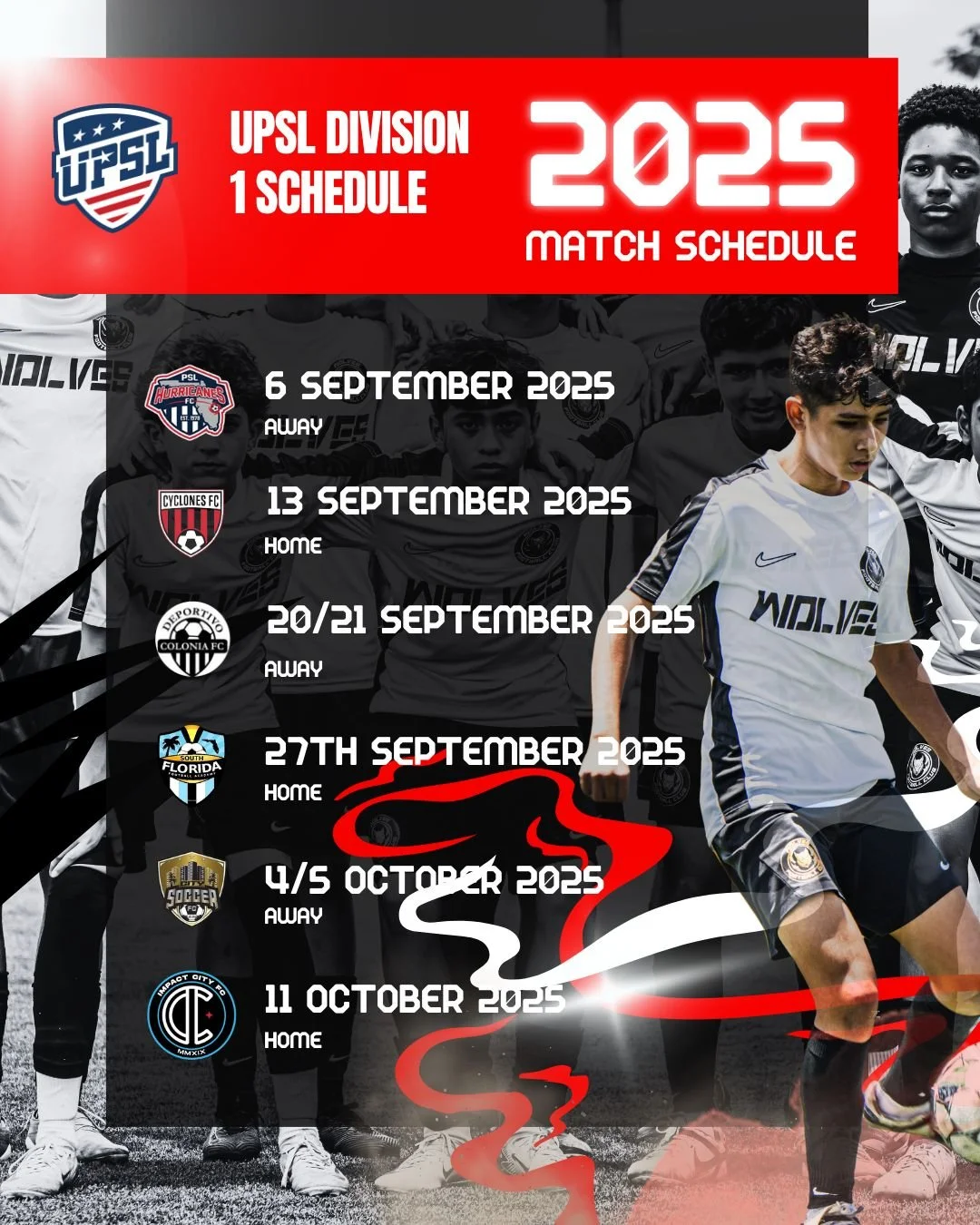2025 UPSL Division 1 soccer match schedule with dates, team names, and locations on a promotional background featuring young players.