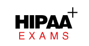 HIPAA+ EXAMS logo with black and red text on a white background.