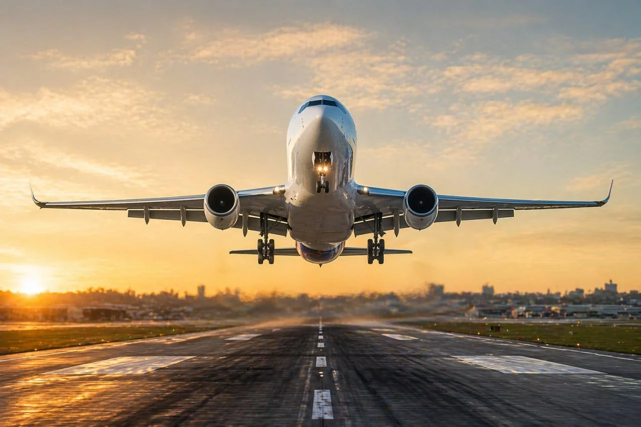 An airplane is taking off from a runway during sunset, with the sky filled with orange and yellow clouds.