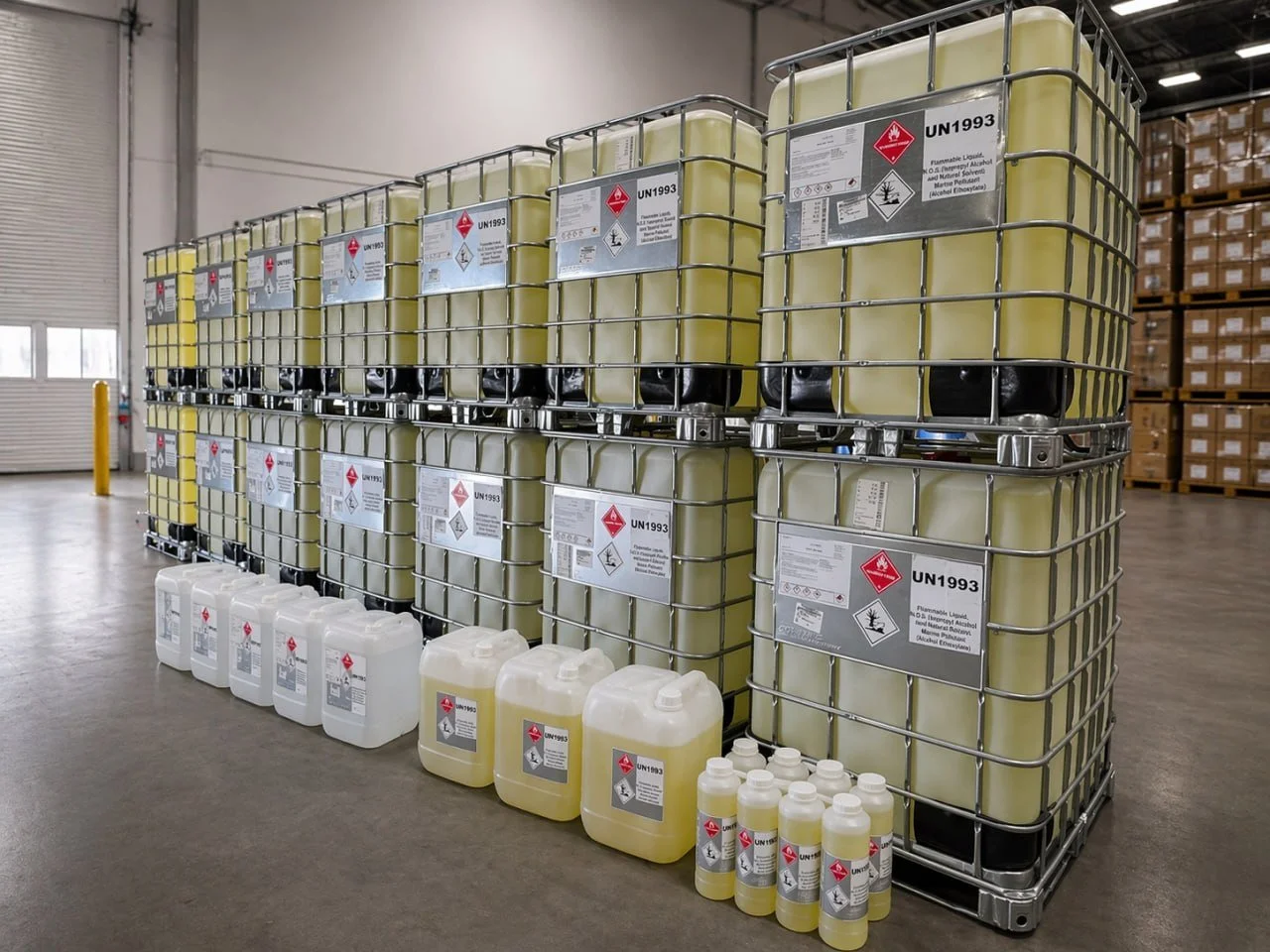 Stacks of large and small industrial drums filled with flammable liquid, labeled with hazard symbols, in a warehouse.