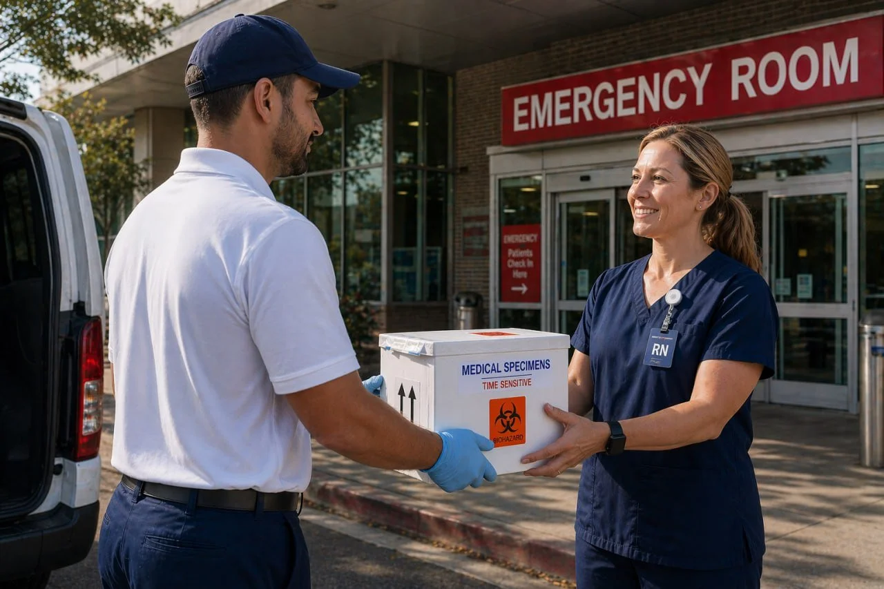 A healthcare worker and a man exchange a box labeled 'Medical Specimens, Time Sensitive' with biohazard symbols outside an emergency room entrance.