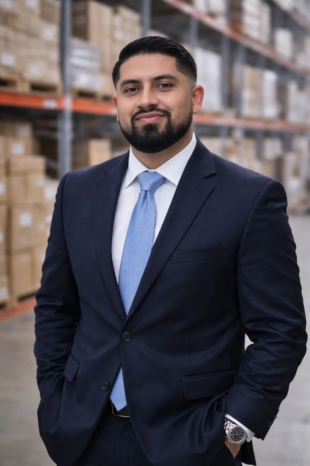A man in a navy suit, light blue tie, and white dress shirt standing in front of warehouse shelves filled with boxes.