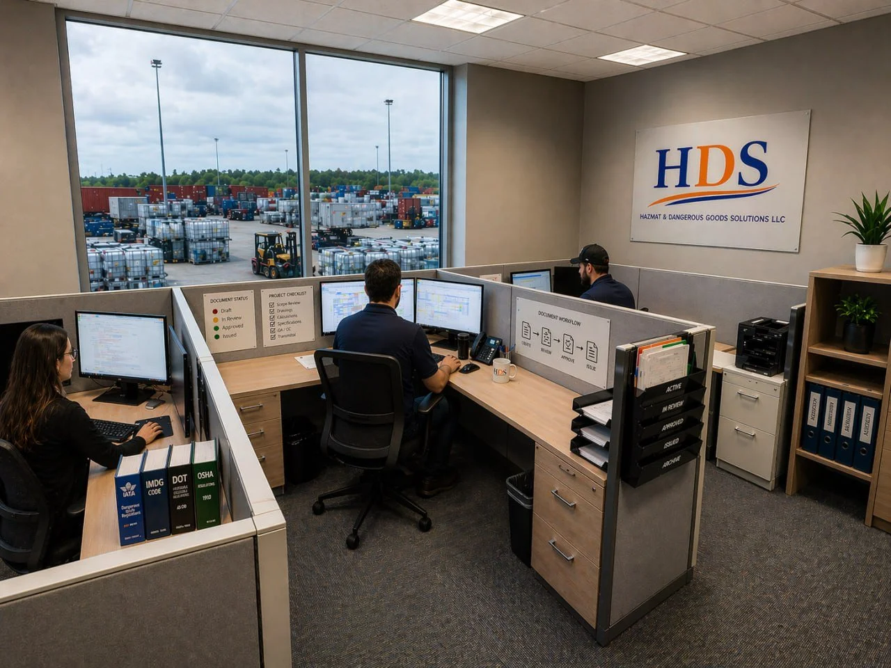 Office with three employees working at desks with computer monitors, a large window showing a storage yard with containers and a forklift outside, and a sign on the wall reading 'HDS Hazmat & Dangerous Goods Solutions LLC'.