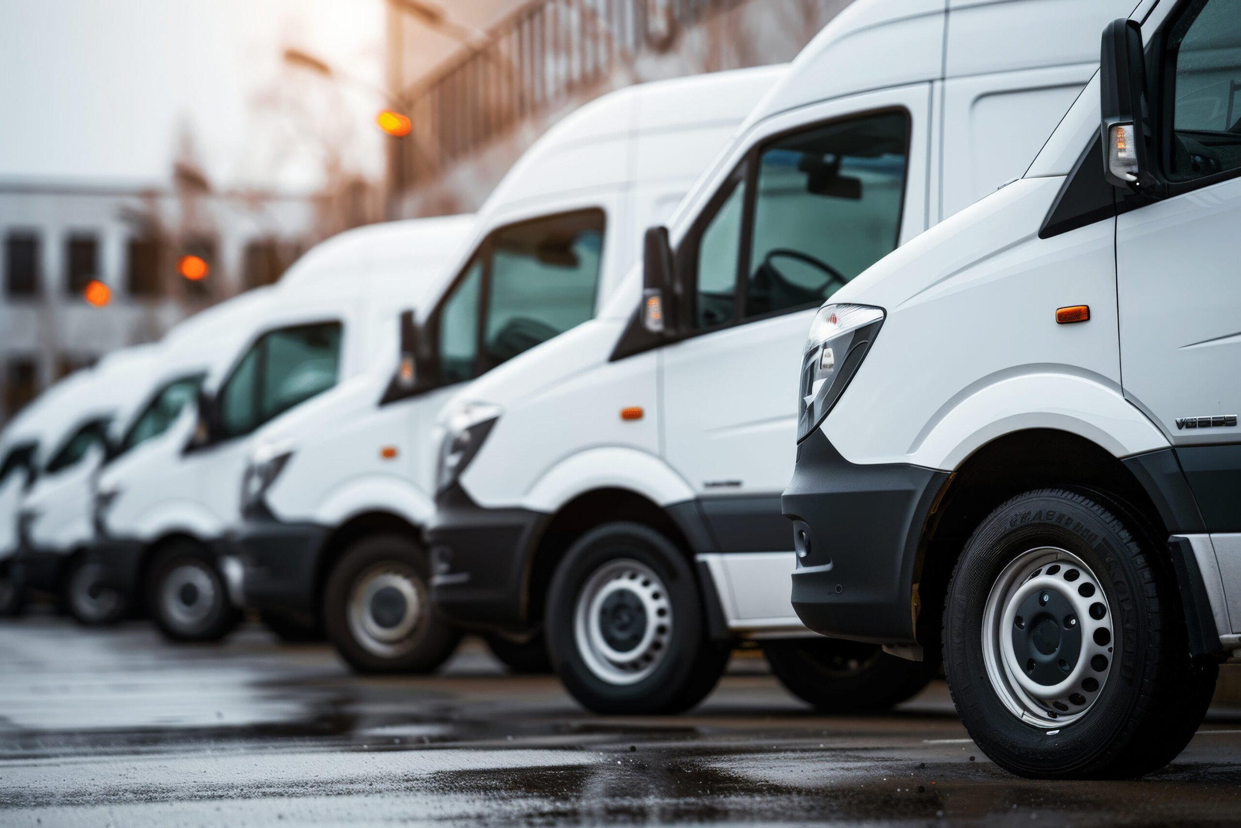 A row of white commercial vans parked on a street.
