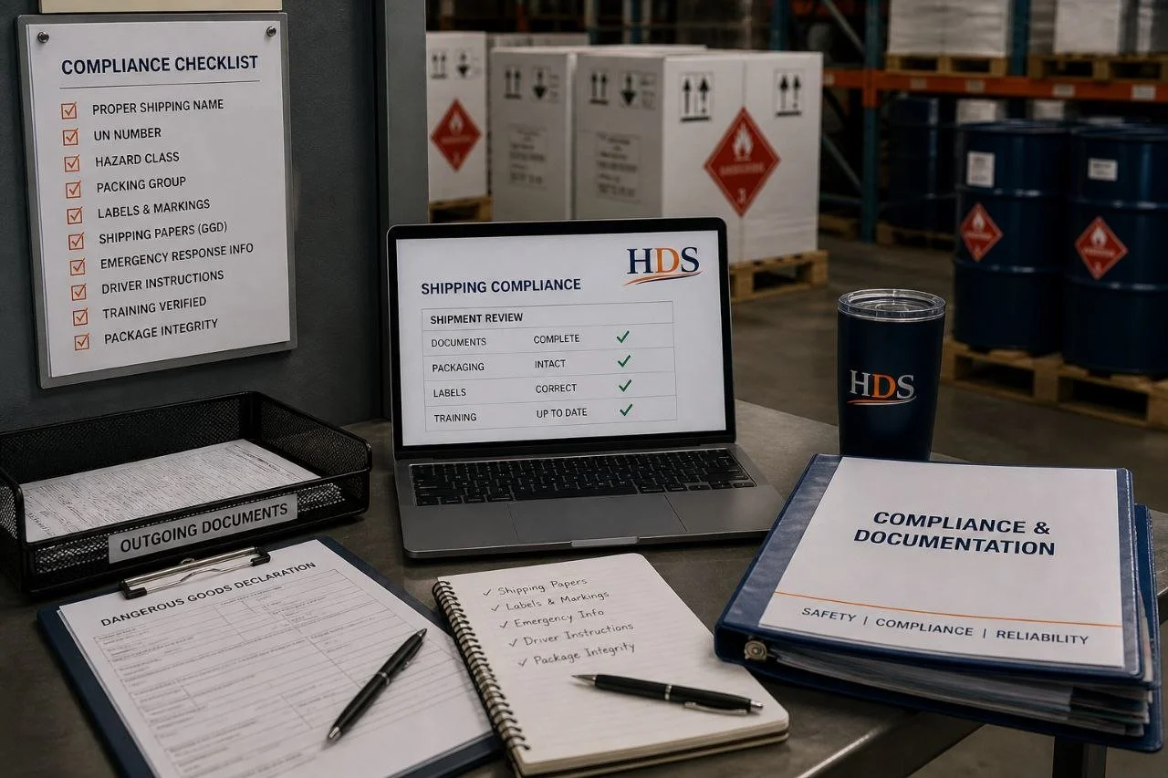A workspace with compliance and shipping documentation, a laptop showing shipping compliance review, outgoing documents label, a binder titled 'Compliance & Documentation,' a cup with the HDS logo, and a safety checklist on the wall in a warehouse.
