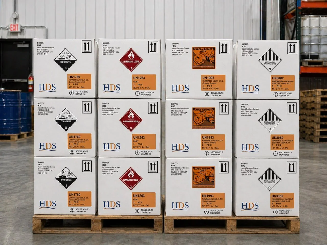 Stacked boxes of hazardous materials on a pallet in a warehouse. The boxes have warning labels for corrosive, flammable, and hazardous chemicals.