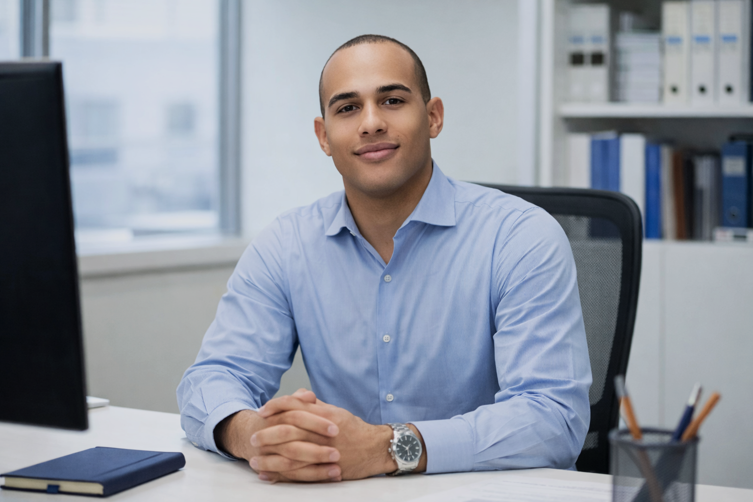 A young man in a light blue button-down shirt sitting at a desk inside an office, with a notebook and stationery in front of him, smiling confidently.