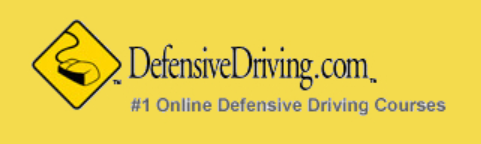 Logo for DefensiveDriving.com with a yellow background, a black icon of a seat belt, and text promoting online defensive driving courses.