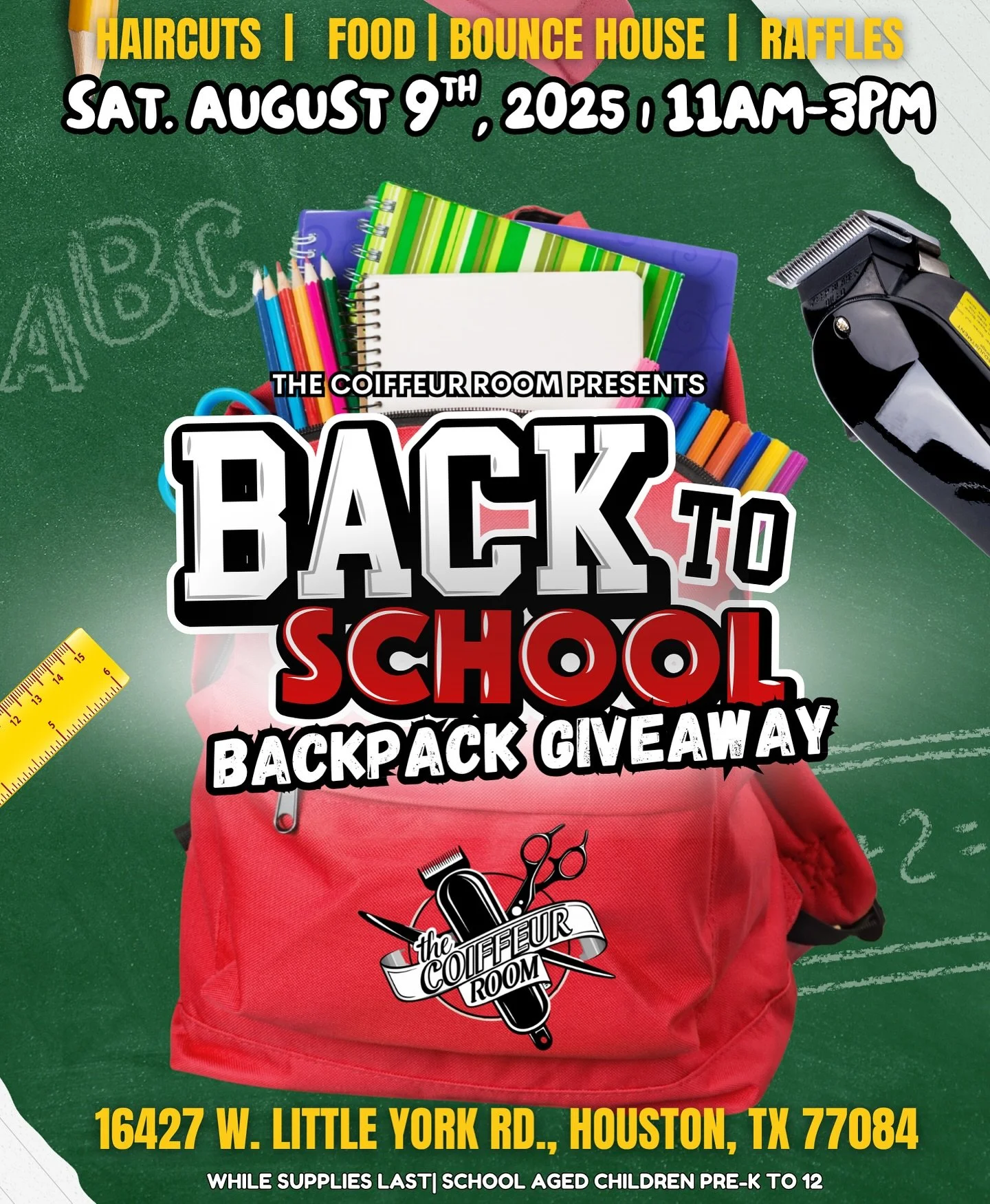 🎉 This Weekend at The Coiffeur Room!🎉
🔥 The first 20 kids’ cuts (ages 12 & under) are FREE!
🎒Backpack giveaway with every purchased haircut
🍔 Food • 🎈 Bounce House • ✂️ Fresh Cuts • 🎶 Good Vibes
📍 Don’t miss ou