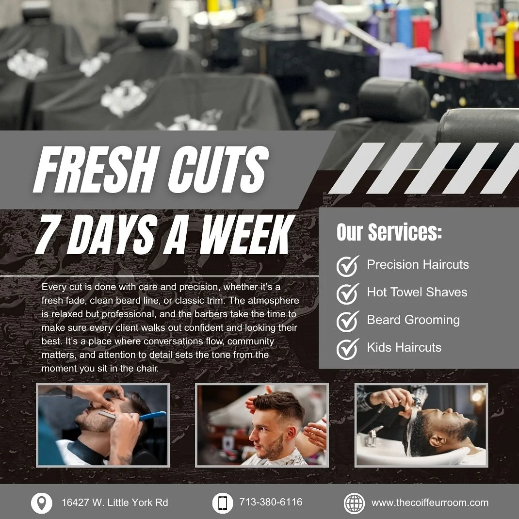 Your schedule’s busy, we get it. That’s why we’re open every day and late to keep you looking right. #houston #houstonbarber #barber