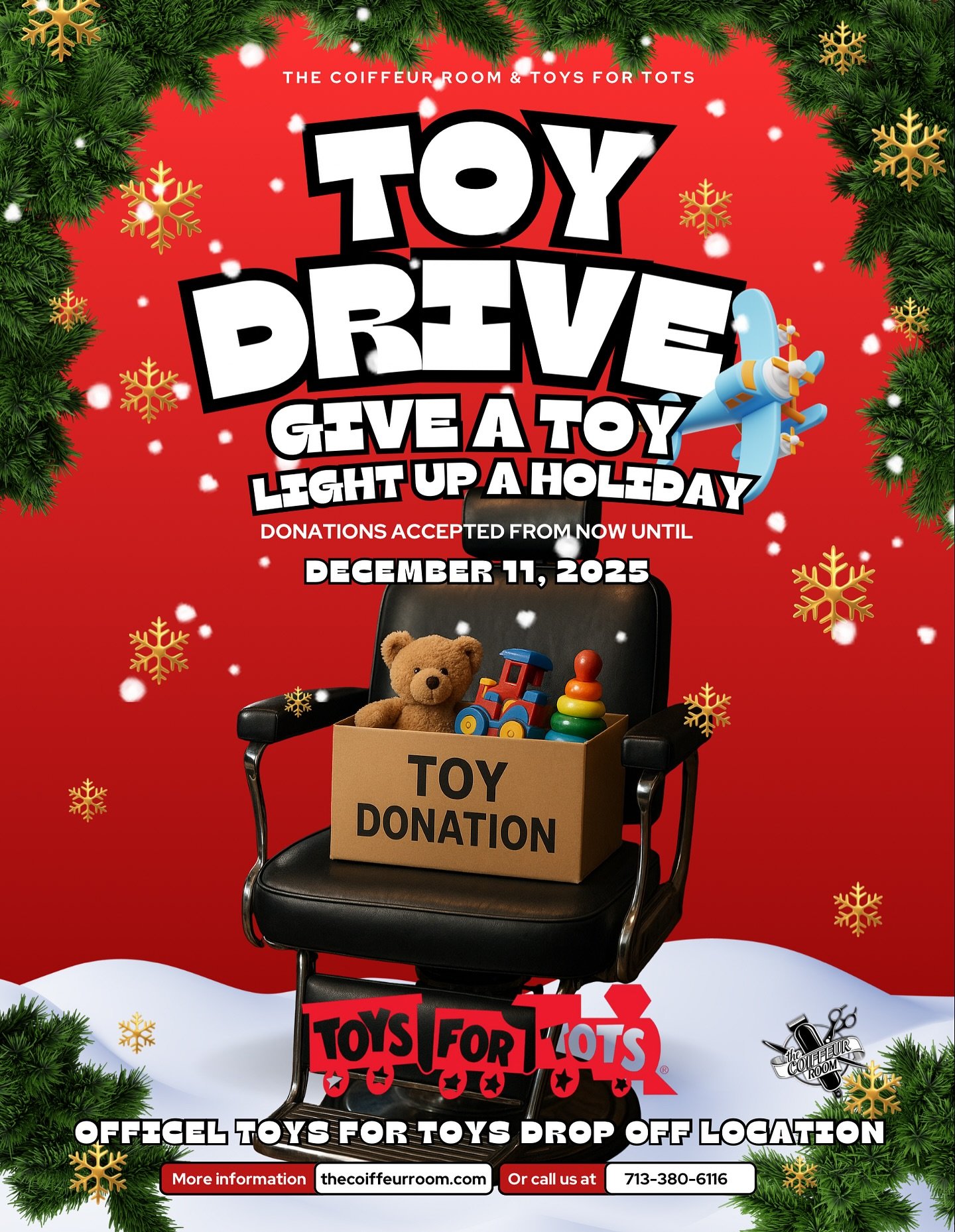 Give a toy, light up a holiday! The Coiffeur Room is proud to be an official Toys for Tots drop-off location. Bring a new, unwrapped toy and help make a child&rsquo;s season brighter. Donations accepted until December 11, 2025! #holiday #toysfortots 