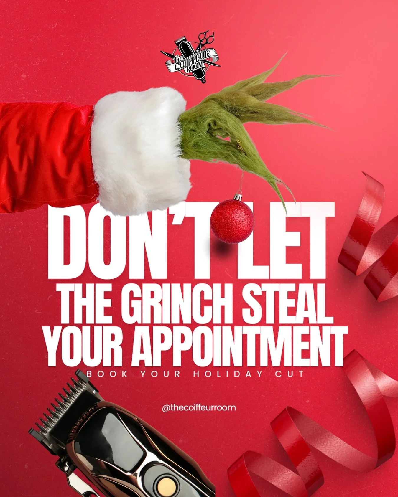 Holiday rush is here! Beat the Grinch and lock in your appointment now. 🔔✂️#holiday #cut #thecutlife #houstonbeards #houstonhairstylist #houstonbarber