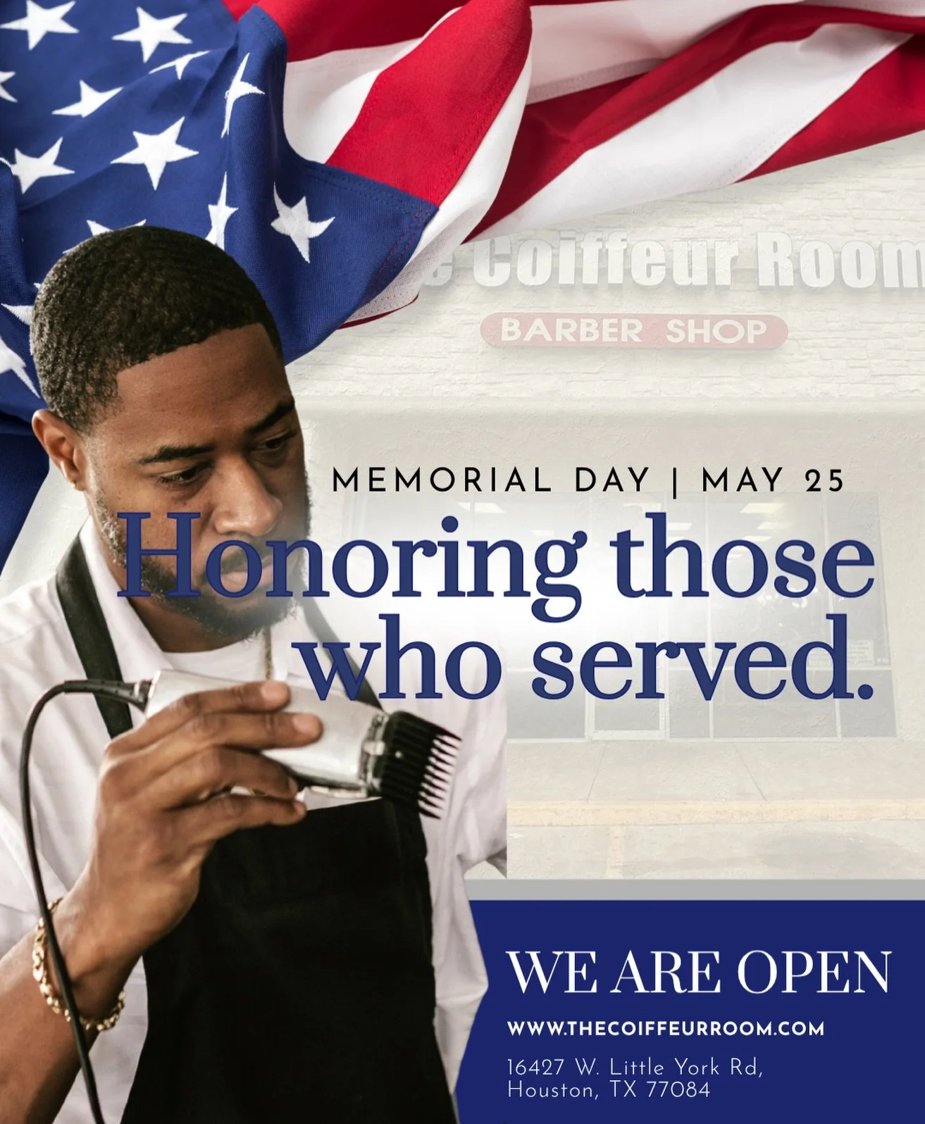🇺🇸 This Memorial Day, we honor the brave men and women who made the ultimate sacrifice for our freedom.
From all of us at The Coiffeur Room Barber Shop, thank you for your service. ❤️💙
We&rsquo;re open and ready to serve the community today.

📍 1