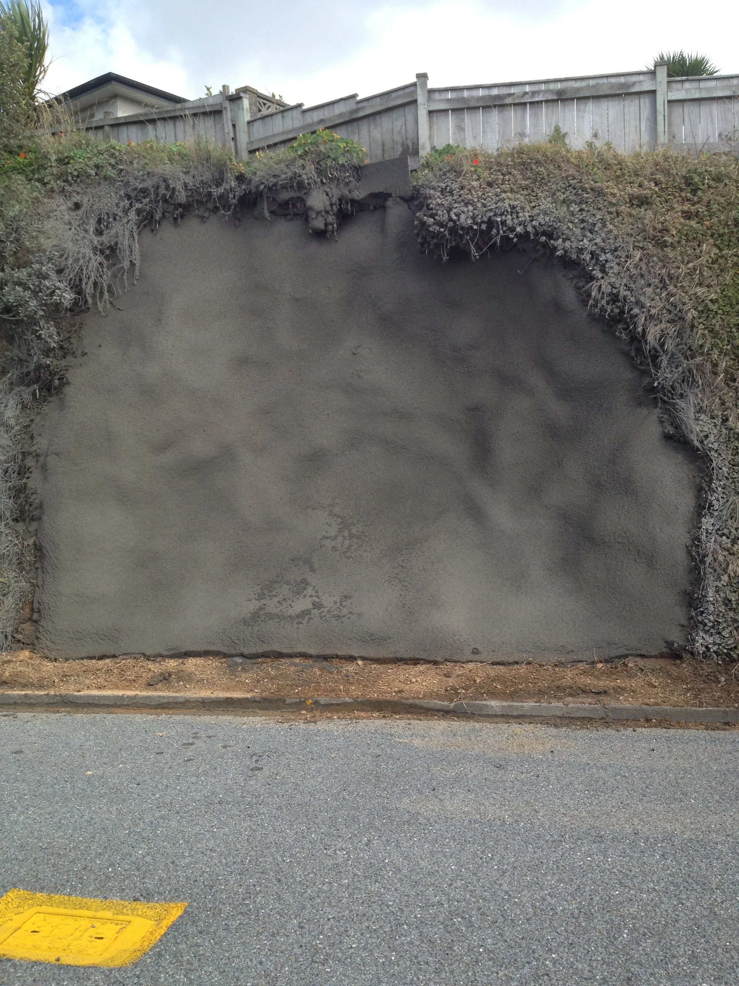 A large section of the ground appears to have collapsed revealing an underground soil layer. The top layer has grass and small plants, while the exposed area shows dark soil. A residential house and a wooden fence are visible in the background. The s