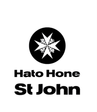 Logo with a black circle containing a white six-pointed star and snowflake design, with text below reading 'Hato Hone St John'.