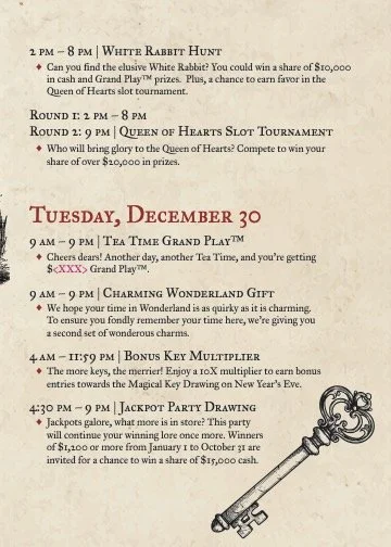 Page 2 of the invitation. The purple text is variable text. For our promotions, I have to blend the technical, legal, and entertaining. 