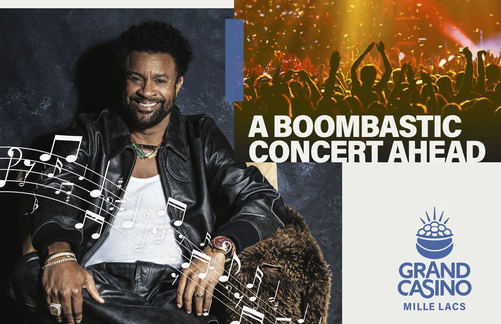 Legendary rapper and R&B singer, Shaggy, was performing at Grand Casino, and this is the front side of the VIP mailer to invite them and a Guest to the concert. The front of the card grabs the reader with a play-on-words with Shaggy's #1 single, "Mr.