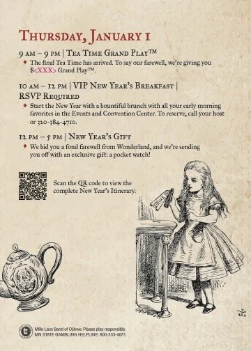 Page 5 of the invitation. A sweet send off with a easy-to-scan QR code to push them to the website for more detailed information on their specific offers.