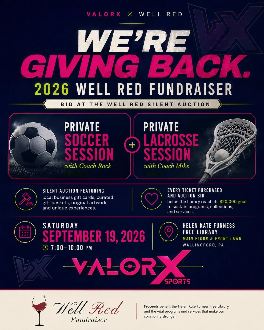 ValorX Sports was invited to support the **2026 Well Red Fundraiser** benefiting the **Helen Kate Furness Free Library**, and we&rsquo;re honored to give back in a way that reflects who we are and what we care about.

This year, we donated two silent