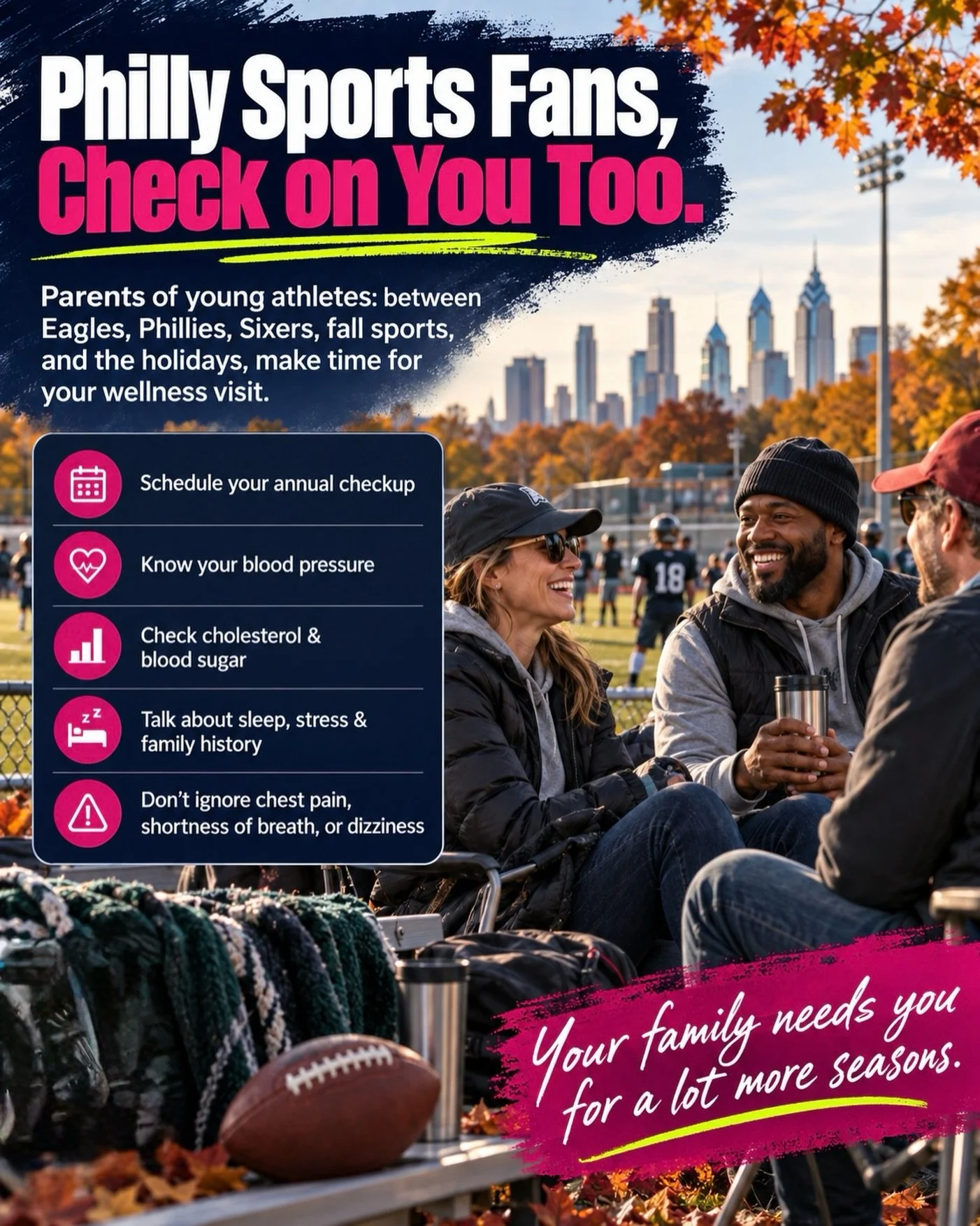 Let&rsquo;s spread awareness about parent health during this busy fall season! 

Eagles Sundays, Phillies baseball, Sixers starting back up, your kids&rsquo; practices and games, work, school, Halloween, Thanksgiving, and everything in between. 

Whi