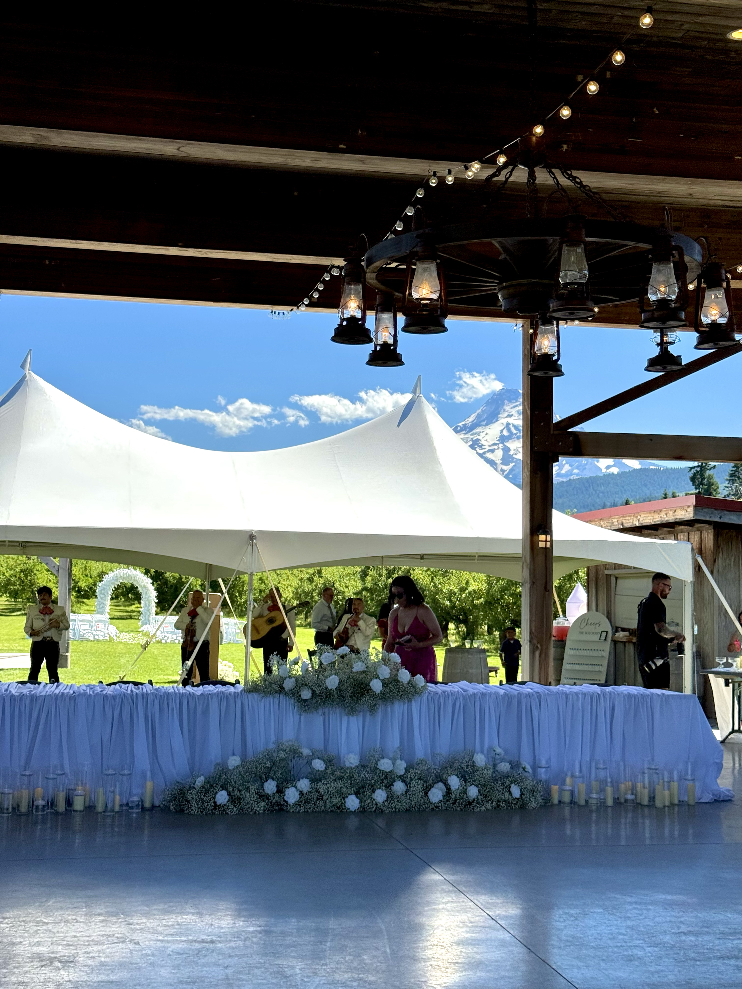 Outdoor celebration under a tent with mountain scenery in the background, featuring a decorated table with white flowers, candles, and a group of musicians with guitars, a woman in a pink dress, and a man in black at a rustic event.