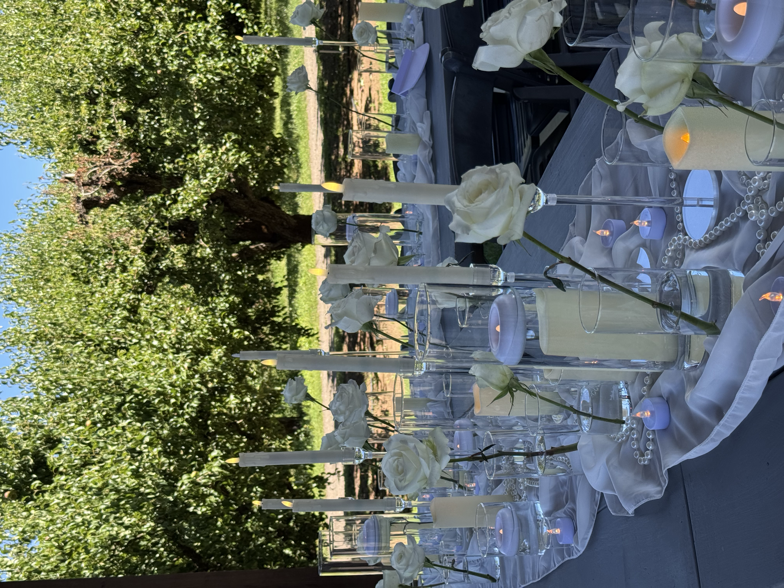 Outdoor table set for a celebration with white roses in tall glass vases, white candles in glass holders, string of pearls, and white candles with flickering flames, under a tree with lush green leaves.