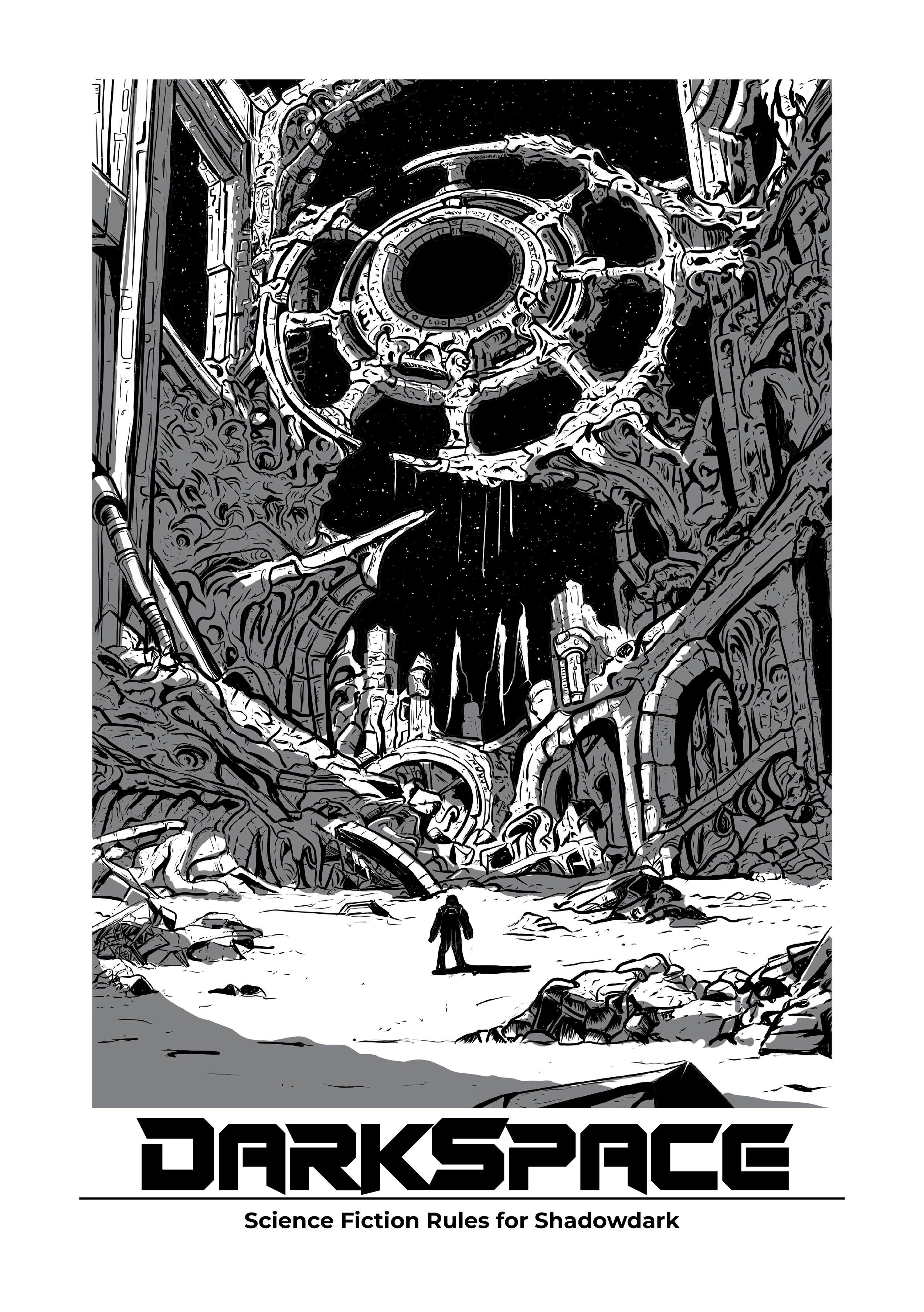 The front cover of the DarkSpace Rulebook. A lone figure stands on a desolate ruined planet while the circular alien structure, Mundus Aeternum, looms above them.