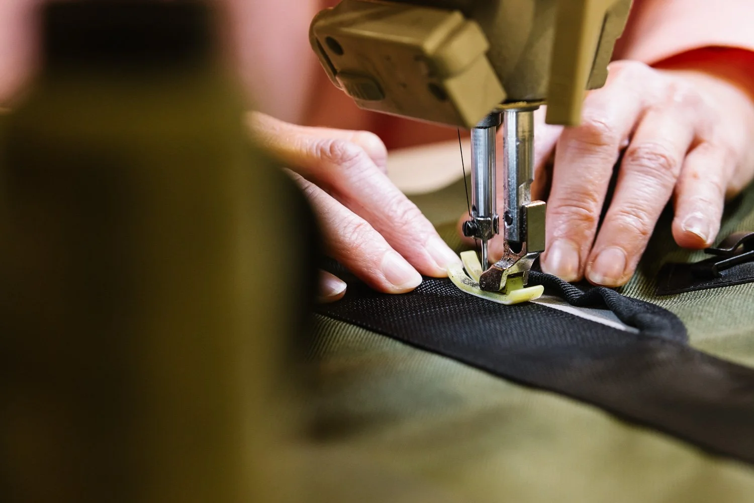 Close up of sewing machine in Restrap bikepacking bag factory in Leeds