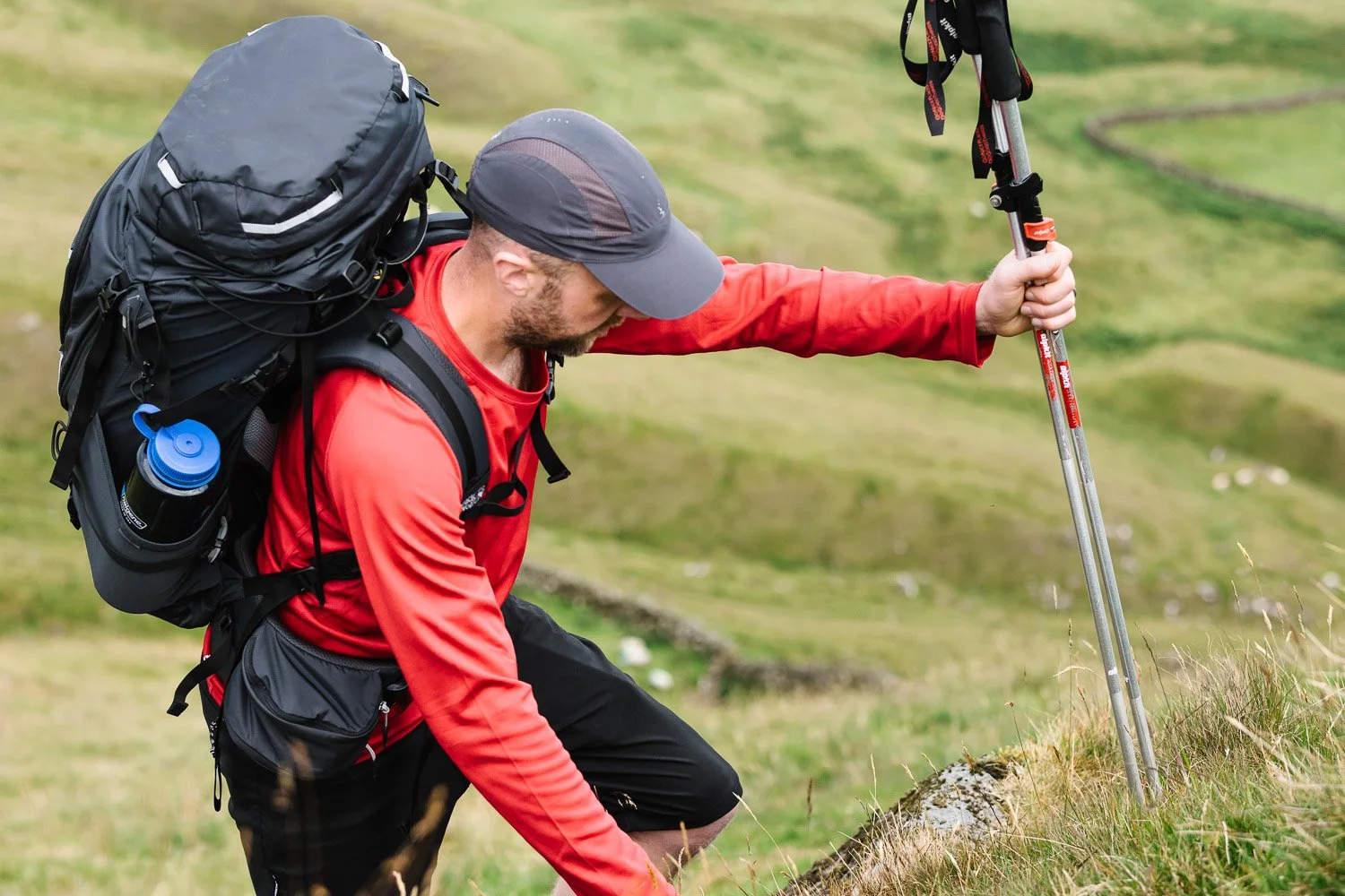Hiker climbing on Scawt Hill in the Antrim Hills