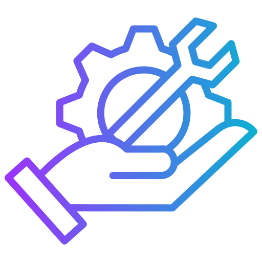 Outline icon of a hand holding a gear and a wrench, representing maintenance or technical support.