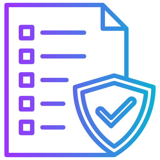 Icon of a document with a checklist and a shield with a checkmark, representing security or protection of information.