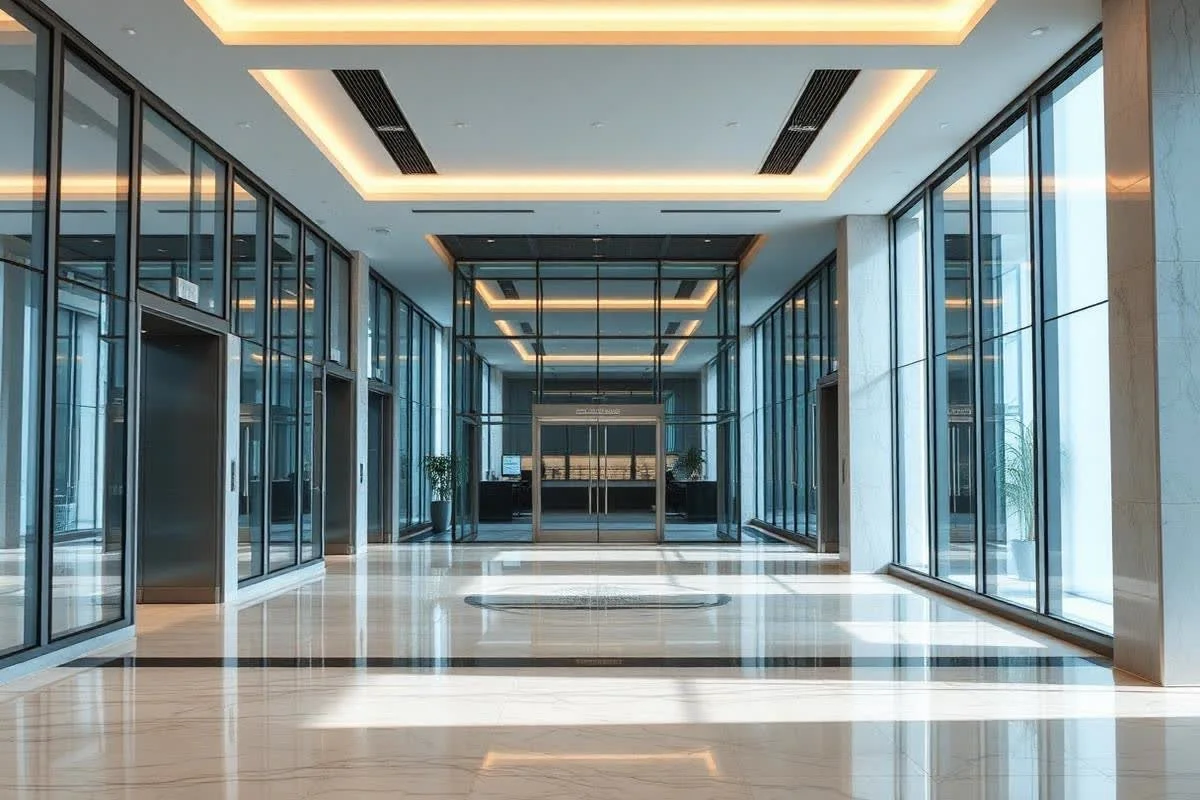 Modern hotel lobby with glass walls, elevators, and polished marble floors, illuminated by recessed ceiling lighting.