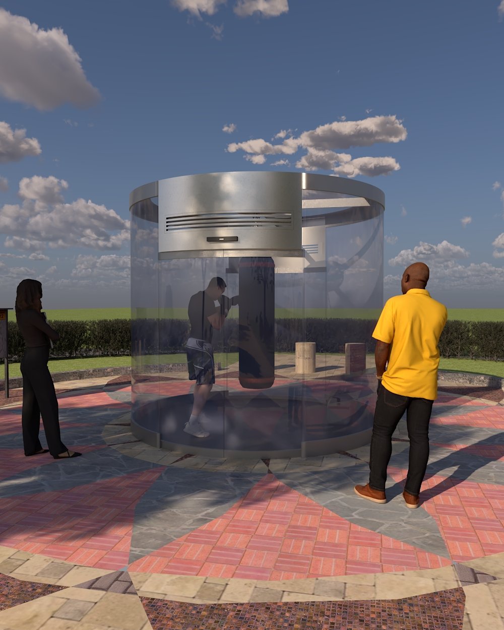 This rendering represents the first iteration of the Release Pod concept. The scene highlights the pod’s transparency and the dynamic between the participant inside and the bystanders drawn to the moment.